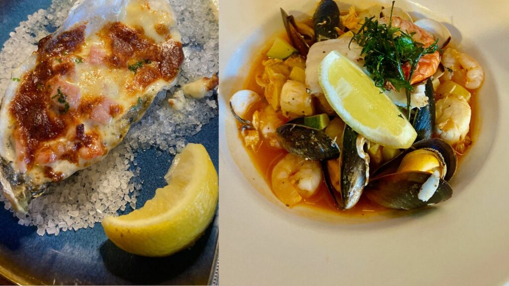 Grilled Oyster on the left with River House Seafood stew on the right 